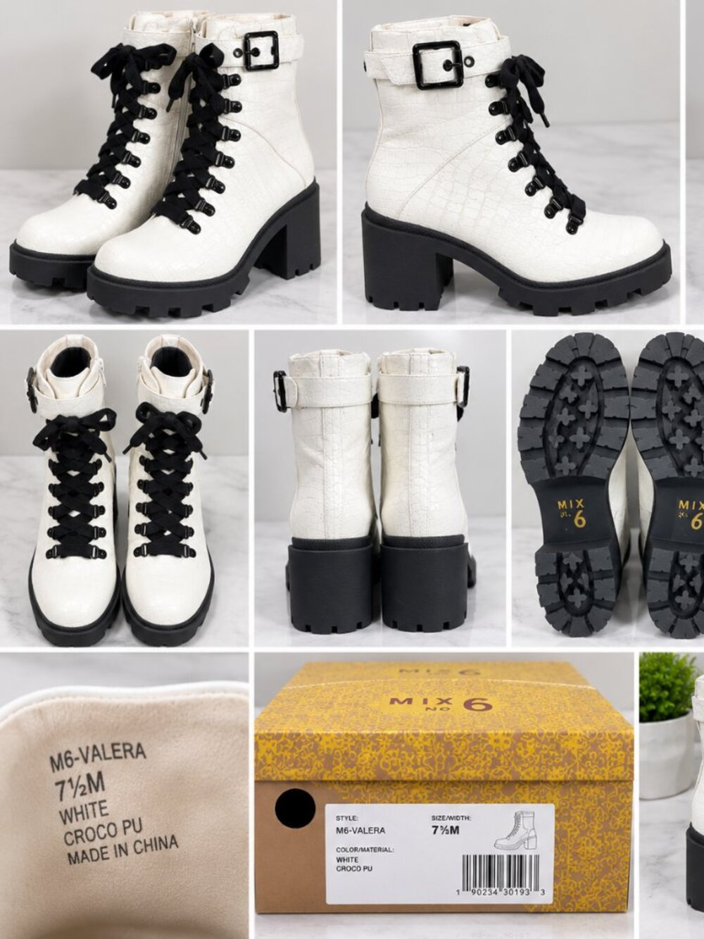 White Croco Combat Boots | Women's 7.5M | Chunky Heel